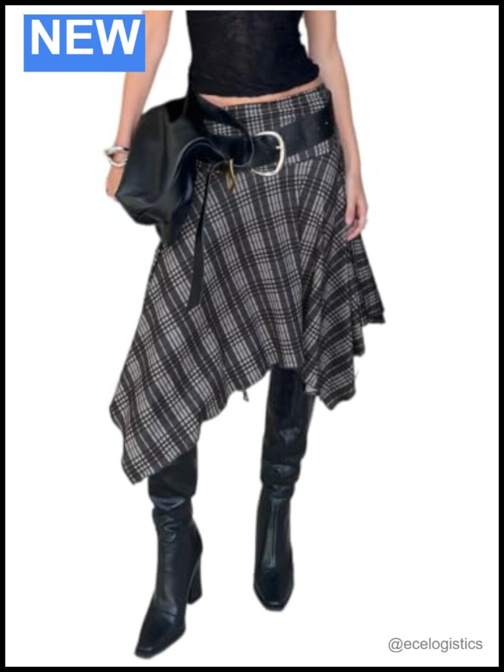 Women Plaid Asymmetrical Midi Skirt Handkerchief Hem